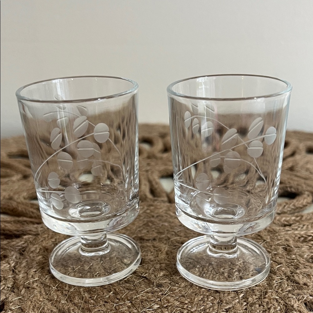 Vintage Etched Floral Footed Shot Glasses Set of 2